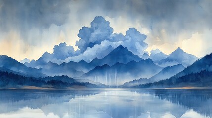 Serene blue mountains reflected in calm lake.