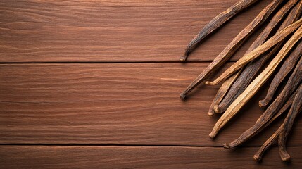 Assorted vanilla bean arranged on a wooden surface, showcasing their textures and colors