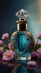 Exquisite Glass Perfume Bottle with Detailed Engraving Resting on a Fresh Flower Filled Backdrop perfume commercial advertisement display