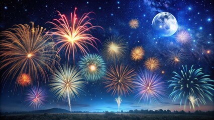 Feuerwerk Panorama auf Dunkelblau mit Sterne und Mond