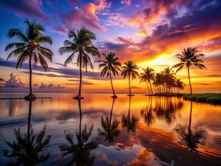 Obraz premium Long Exposure Palm Trees at Bay, Peaceful Sunset Seascape