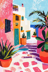 Cityscape and Mediterranean sea in a sunny day. Vertical wall art boho style, midcentury style, colorful poster