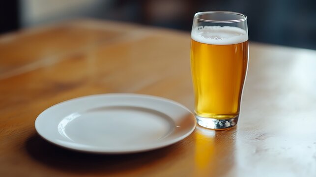 A refreshing half drank pint of beer is next to the plate