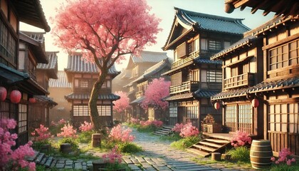 Obraz premium 3D Render of Old Town Japan with Cherry Blossom Trees