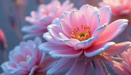 Close-up of pink flowers with white edges and golden centers softly illuminated against a blurred background of other pink blossoms