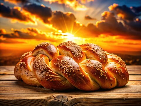 Golden hour silhouette of braided challah bread, its sesame seeds gleaming.