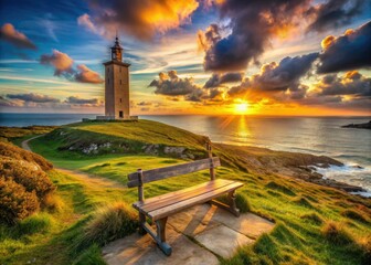 Golden sunset bathes Galicia's Hercules Tower, a panoramic vista captured from a bench.