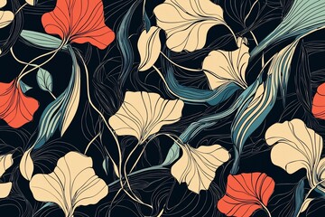 Vibrant floral pattern featuring red and cream flowers intertwined with green leaves on a dark background