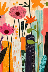 Colorful abstract flowers, boho floral wall art, midcentury style, vertical poster