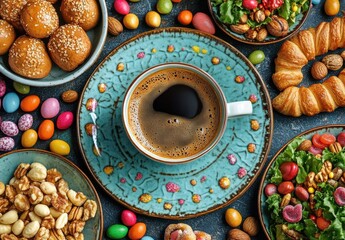 Naklejka premium Delightful Coffee and Colorful Snacks on a Decorative Table
