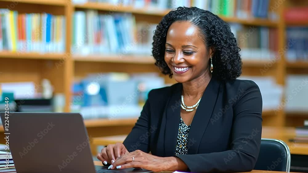 Poster a focused educator efficiently using a laptop at her desk in a classroom setting.