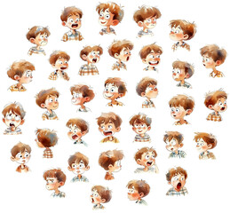 Cartoon boy with different emotions, watercolor illustration set. Isolated characters, kids faces expressions