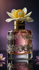 Gorgeous Glass Perfume Bottle with Luxurious Design Resting on a Soft Floral Arrangement perfume commercial advertisement display