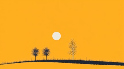 Fototapeta premium Minimalist sunset landscape with three bare trees on a hill.