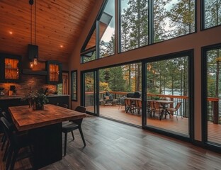 Large open living room with a wooden floor and a large window. The room is filled with furniture, including a dining table and chairs, and a couch. The room has a warm and inviting atmosphere