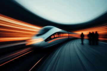A high-speed train whizzes past a dimly lit station, creating a captivating blur of lights. The image conveys a sense of movement, speed, and urban energy in transit.