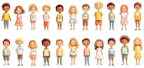 Set of happy cartoon little kids. Isolated characters standing at full height, watercolor illustration