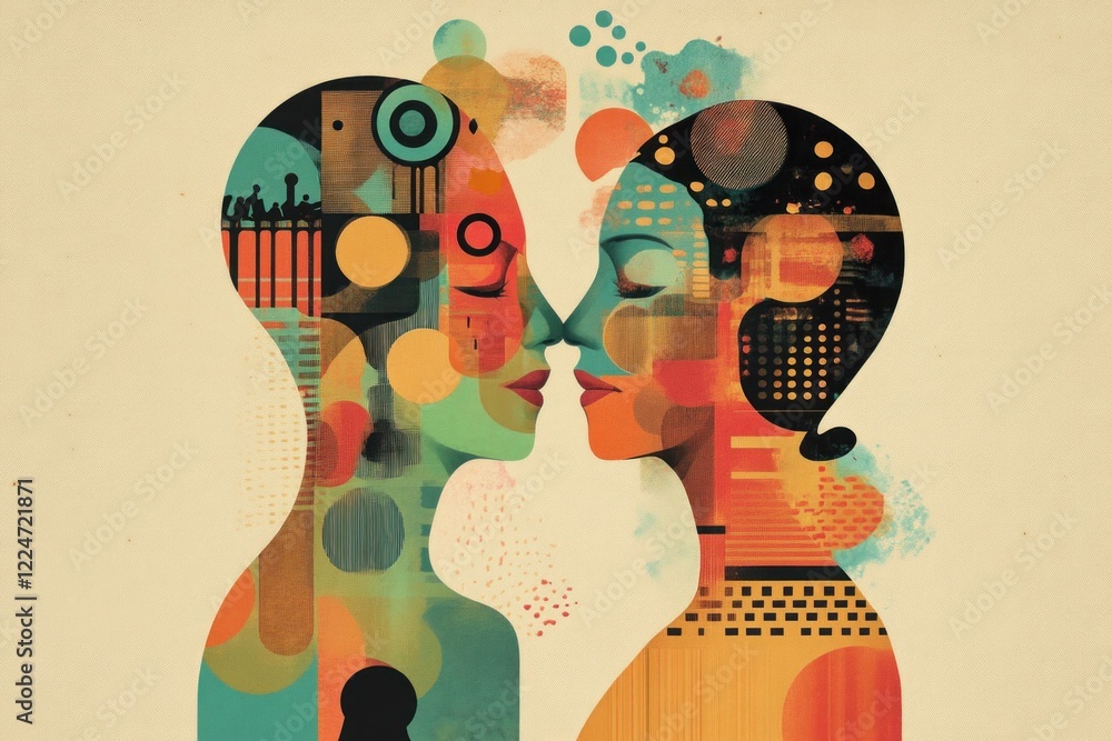 Poster abstract illustration of two human figures with colorful patterns, symbolizing connection and emotio