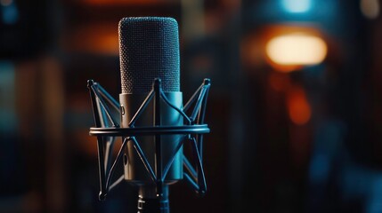 Close-up microphone blurred background, perfect music, performance, podcast themes.