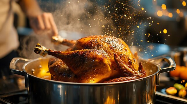 A turkey being deep fried in a cooking pot