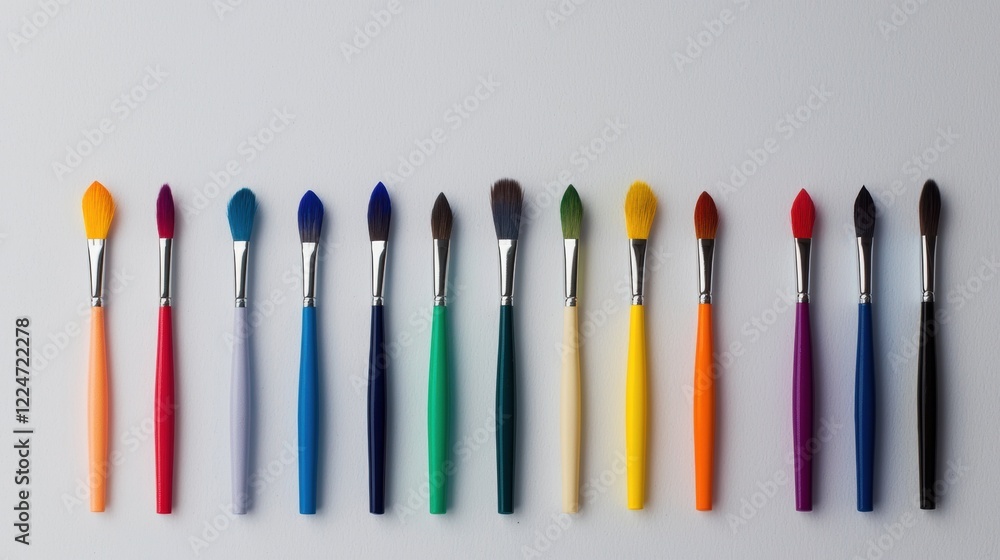 Poster a row of paintbrushes of various colors are lined up on a white background
