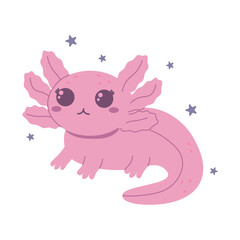 Flat style illustration of a pink axolotl with adorable features and delicate gills, perfect for aquatic-themed designs, children's projects, and playful animal decorations.