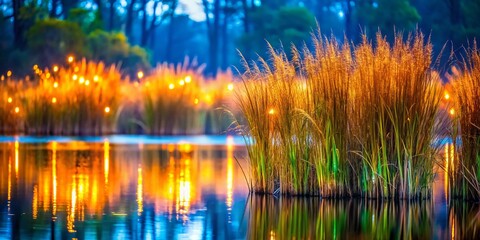 Fototapeta premium Louisiana Swamp Reeds: Bokeh Riverbank Photography - Lush Green Marshland Scenery