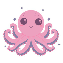 Cute pink octopus with long tentacles and adorable kawaii-style design, surrounded by small stars. Perfect for children’s projects, stationery, or marine-themed decorations in flat style.