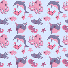 Flat style illustration featuring cute sea animals like narwhals, dolphins, octopuses, starfish, crabs, seahorses, and squids in pastel tones, perfect for kids' designs and patterns