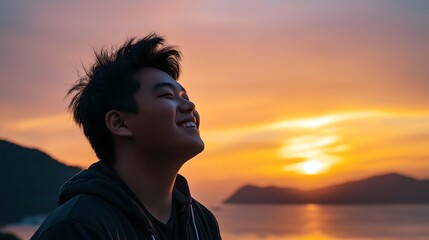 Fototapeta premium Young Man Silhouetted Against Dramatic Orange Sunset Sky Over Ocean Horizon Creating Peaceful Contemplative Moment During Seaside Evening Adventure