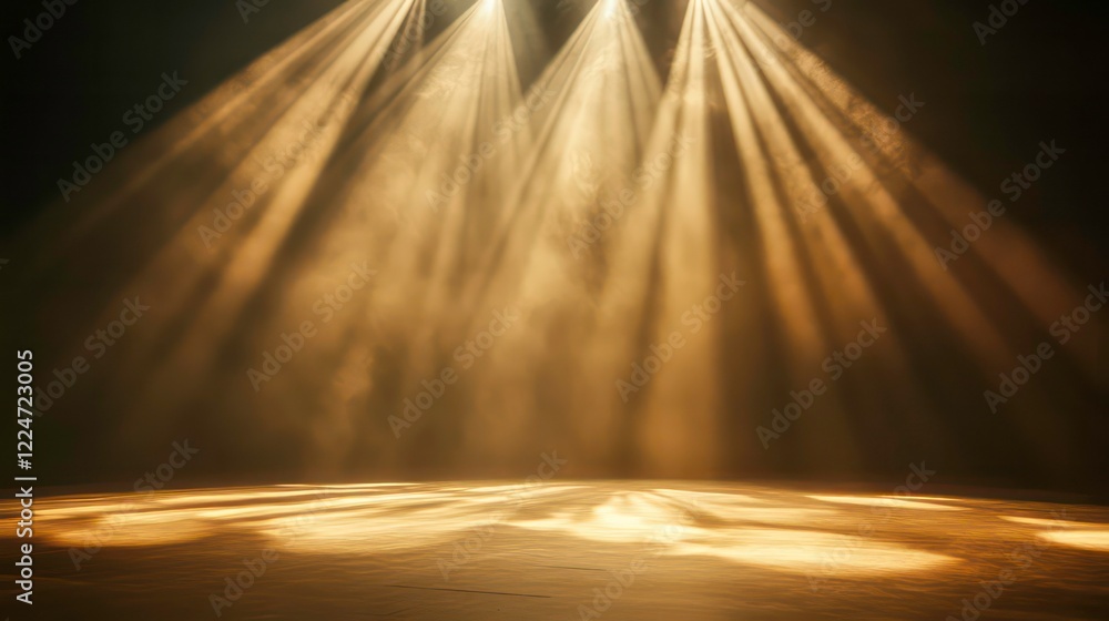 Poster close-up of dramatic light beams cascading onto an empty stage, creating a warm ambiance ideal for s