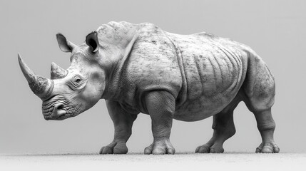 Fototapeta premium Realistic black and white image of a rhinoceros with detailed skin texture, close-up of the animal, powerful body, massive horn, artistic monochrome composition, conceptual wildlife art