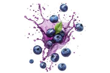 Fresh blueberries with splashing purple juice and green leaf isolated on white or transparent, PNG