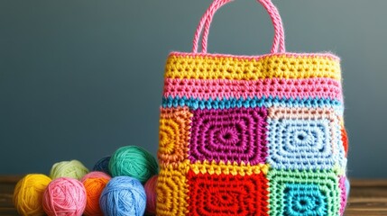 A structured crochet bag displayed upright with matching yarn balls in the frame.