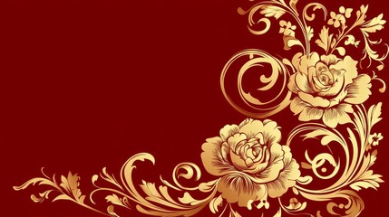 Elegant Golden Roses and Swirls on Red Background