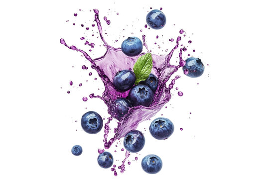 Fresh blueberries with splashing purple juice and green leaf isolated on white or transparent, PNG