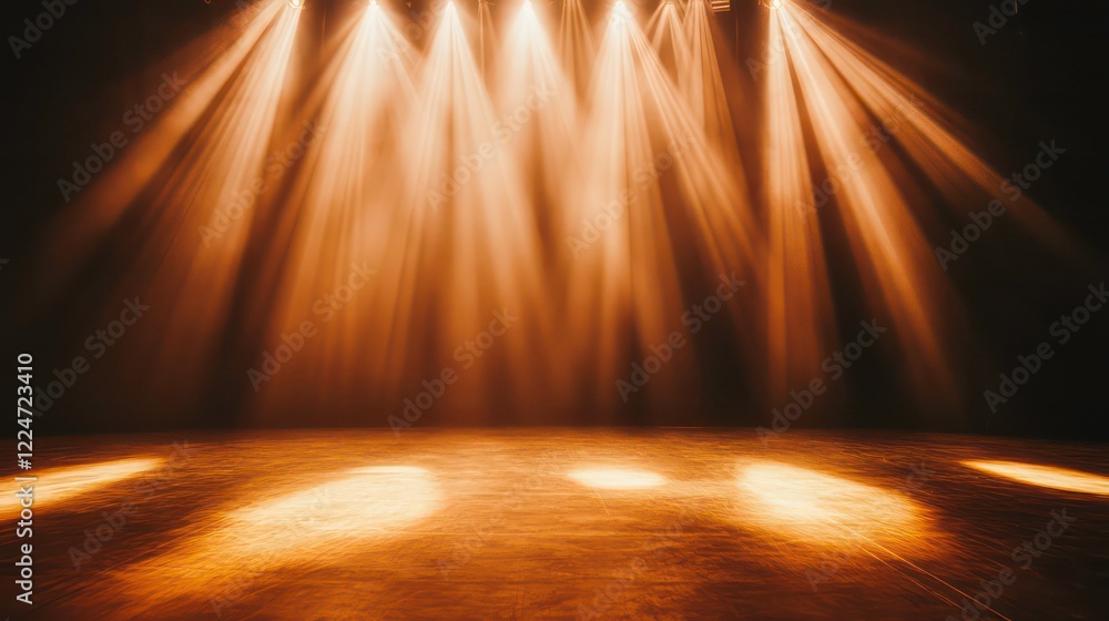 Poster close-up of dramatic light beams cascading onto an empty stage, creating a warm ambiance ideal for s