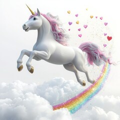 Whimsical Cute Unicorn Cartoon Leaping Through Clouds with Rainbow and Hearts 