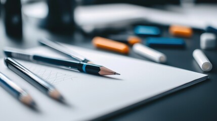 A black and blue pencil sits on a white sheet of paper