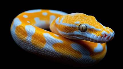 Fototapeta premium Close-up of an albino python with vibrant yellow and white scales, coiled in a ring, high-contrast lighting, black background, exotic look, detailed texture, wildlife