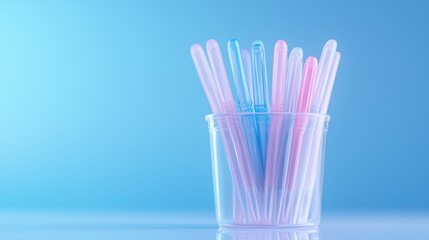 A clear container with pens in it