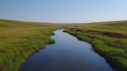 Serene river winding through lush green fields under a clear blue sky in a tranquil landscape