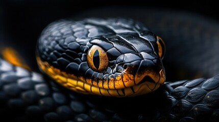 Fototapeta premium Close-up of a black snake with striking golden eyes, detailed scale texture, and dramatic lighting, predatory gaze, dark background, conceptual wildlife image, symbol of danger and mystery