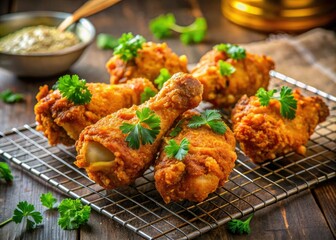 Fototapeta premium Juicy, golden-brown drumsticks await! Crispy fried perfection with simple, irresistible flavor.