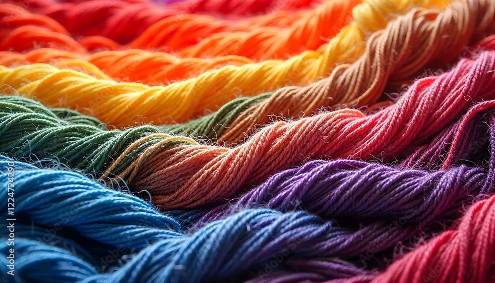 Poster vibrant rainbow hues of embroidered threads showing soft textures and color gradients for textile an