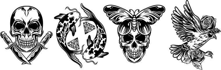 Obraz premium Collection tattoo vector artwork. Monochrome vector illustration in various objects and skull elements.
