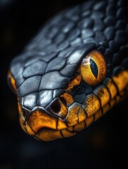 Obraz premium Close-up of a black snake with striking golden eyes, detailed scale texture, and dramatic lighting, predatory gaze, dark background, conceptual wildlife image, symbol of danger and mystery