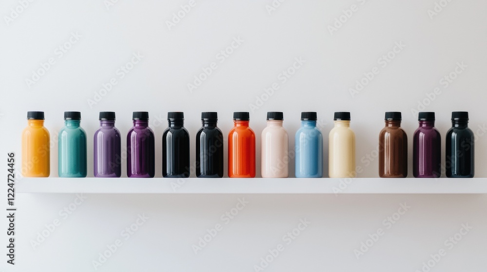 Poster a row of colorful bottles lined up on a shelf