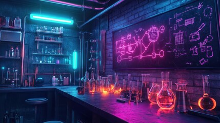 A vibrant laboratory scene with glowing liquids and scientific diagrams on the wall.