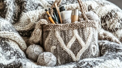 Obraz premium A tote-style crochet bag filled with knitting supplies, placed on a cozy knitted blanket.